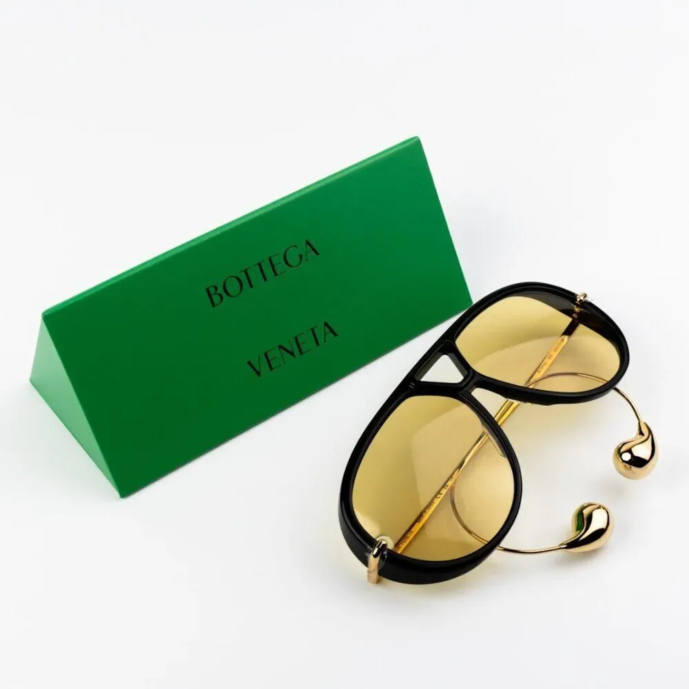 NEW Bottega Veneta BV1273S 003 Black Gold Yellow Pilot Unisex Sunglasses